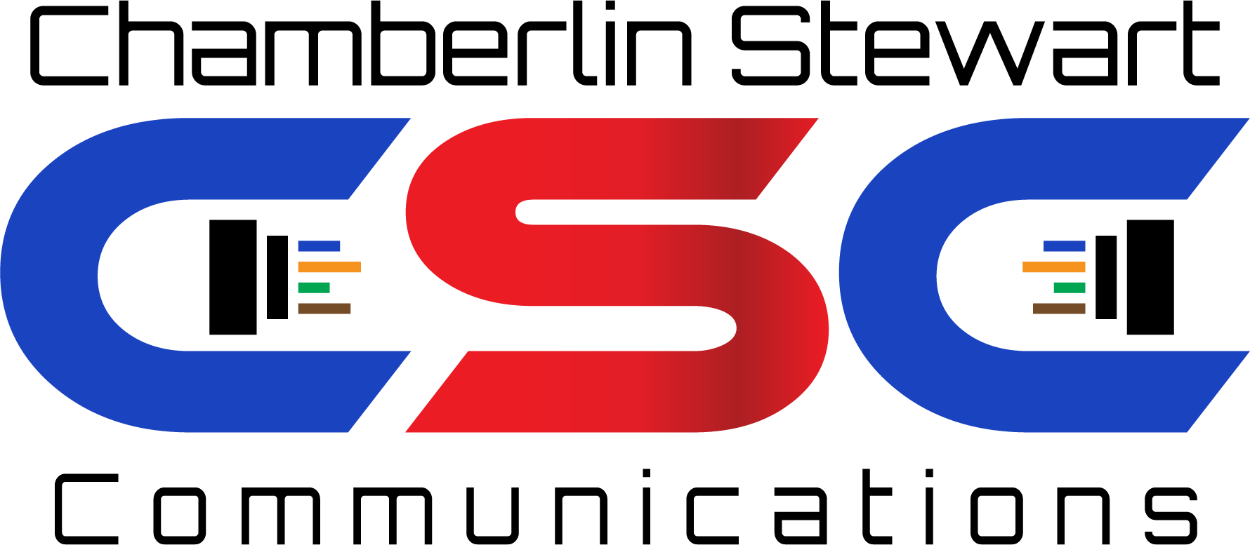 Logo of Berlin Steel Communications with red and blue design elements.