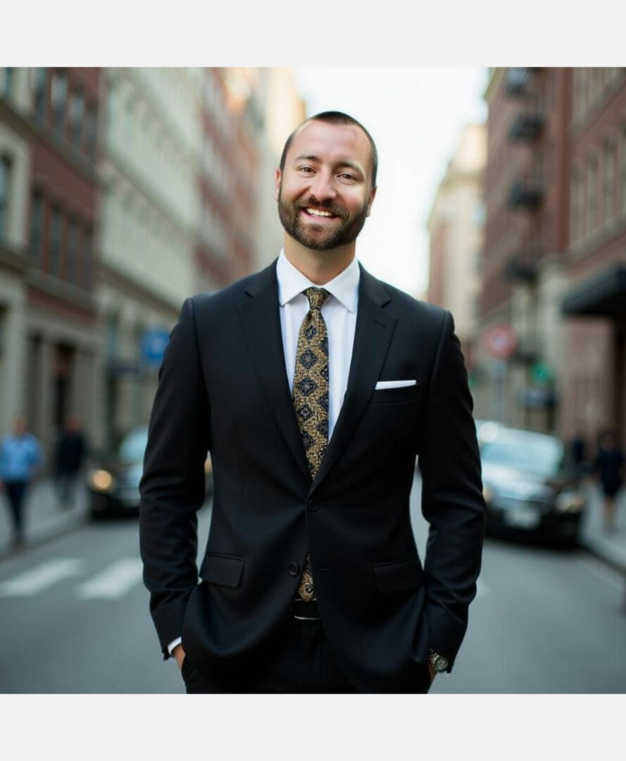 Smiling man in a suit standing confidently on a city street.